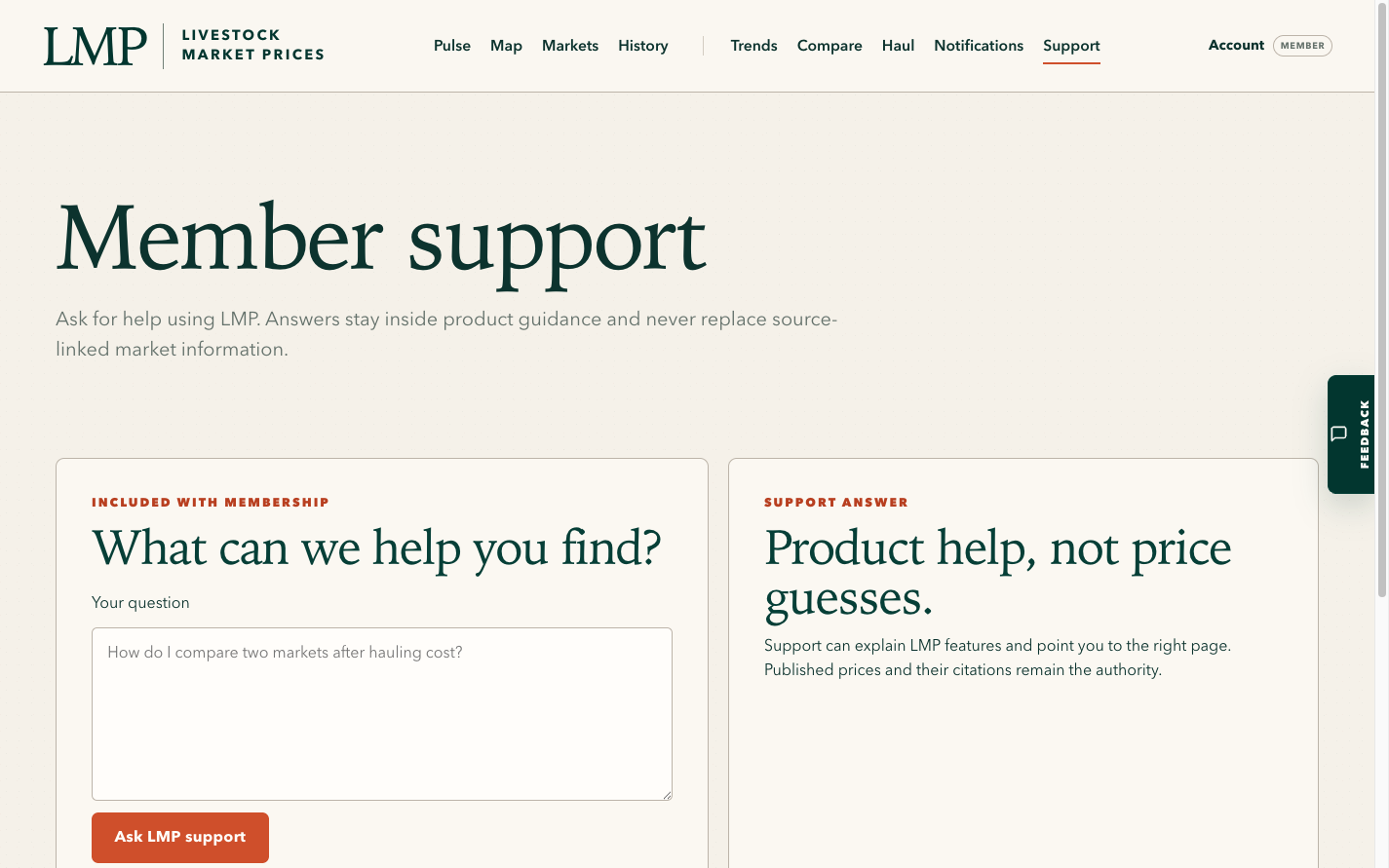 Member Support screen with a product-question form and a panel explaining that published prices and citations remain authoritative.